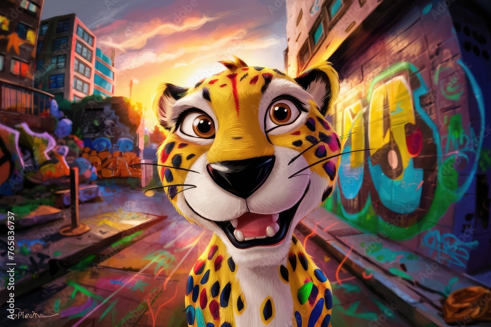 Digital painting of a cartoon leopard in a graffiti wall in the city