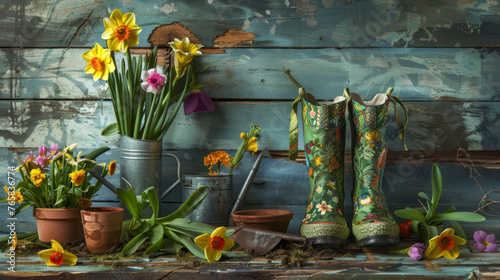 A rustic gardening scene with spring flowers and vintage equipment. photo