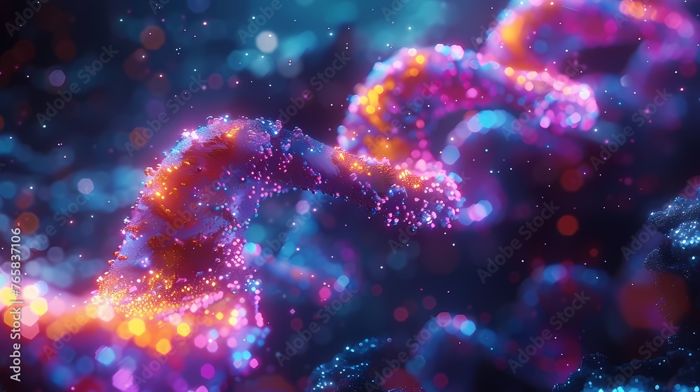 intricate DNA double helix strands illuminated by vibrant colors in a computer simulation - obrazy, fototapety, plakaty 
