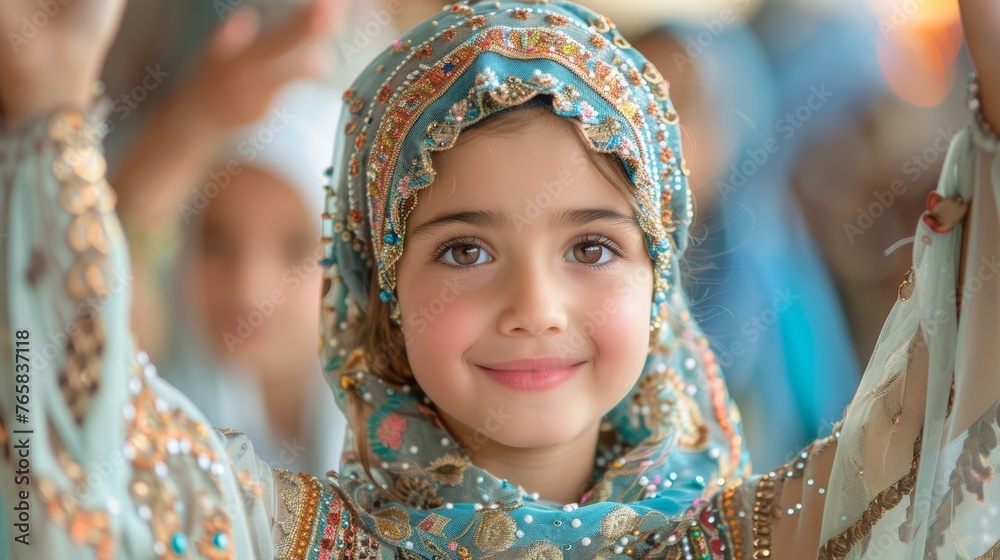 Portrait of a smiling little girl with headscarf. Eid al fitr celebration Portrait of a smiling little girl with headscarf. Eid al fitr celebration