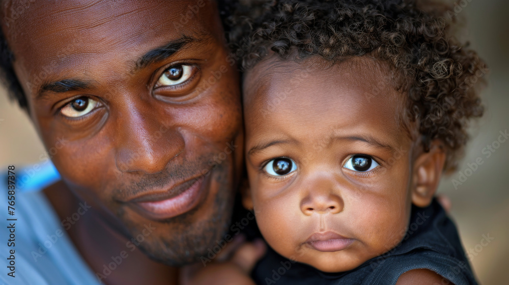 Afro-american black Father and little child on nature background, Father's Day, love family, parenthood, childhood concept. Generative ai