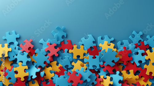 World Autism Awareness Day month concept. Paper background of puzzles in red, blue, yellow colors. Creative design for April 2. Symbol of awareness for autism spectrum disorder. Generative ai