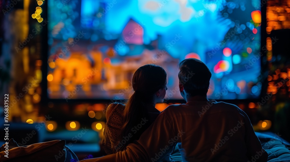 The couple enjoys a movie at a luxurious cozy mini theater, complete with comfortable seating and a charming atmosphere.