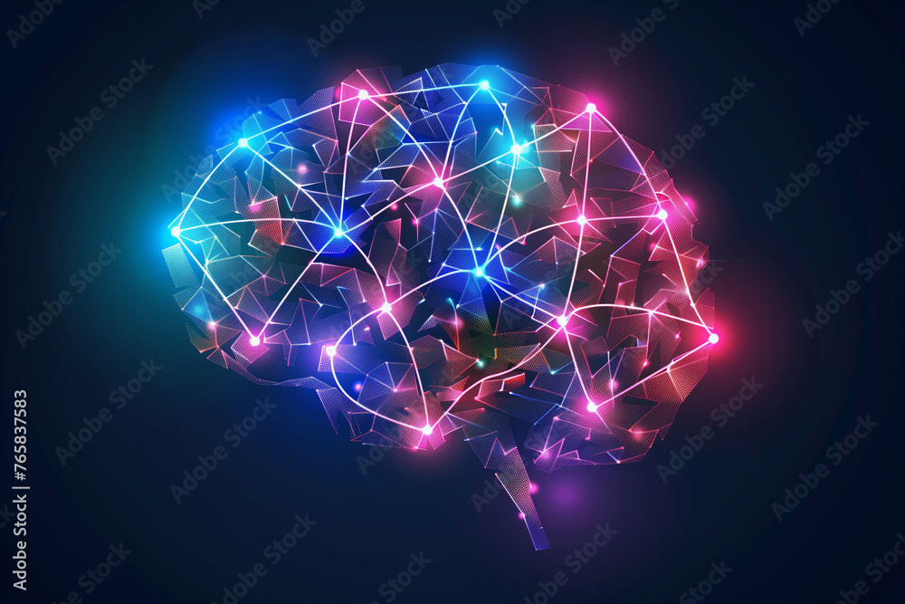 Colorful luminous human brain. Neural connections glow of neurons.  Intelligence nervous system. Mental health concept. - obrazy, fototapety, plakaty 