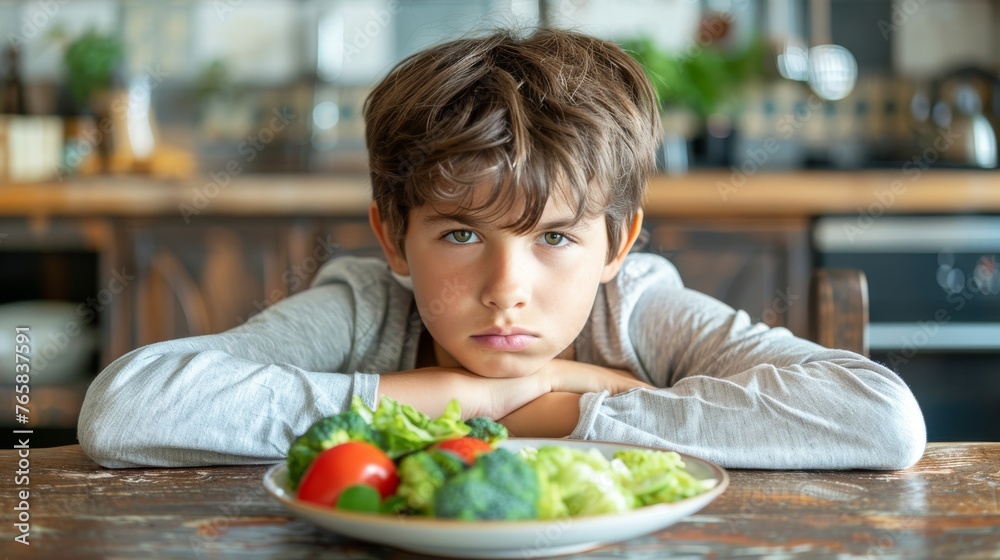 Unhappy grumpy teenage boy sitting in front of plate with healthy green food in kitchen at home. Children healthcare concept. Generative ai