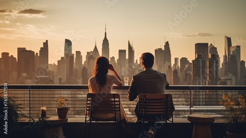 The couple enjoys a romantic evening, savoring the city skyline view from a rooftop restaurant, creating memories amidst the bustling urban landscape. photo