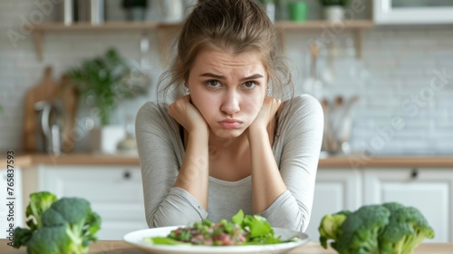 Unhappy teenage girl crossing her arms and pouting in front of a plate of healthy food and vegetables. Children healthcare concept. Generative ai