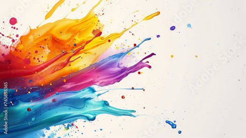 Multicolored paint splashes across a pristine white surface, creating a vivid and dynamic visual impact