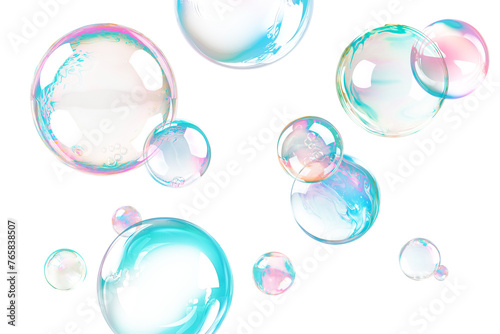 Soap bubbles falling, isolated on a transparent background close-up. Flying soap bubbles of different sizes. Colorful transparent soap bubble, graphic design element, overlay.