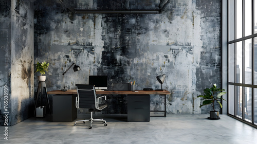 Elevate Your Workspace with a Motivational Business Wallpaper:Stylish Loft-Style Home Office Setup with Concrete Walls,Wooden Furniture,and Greenery