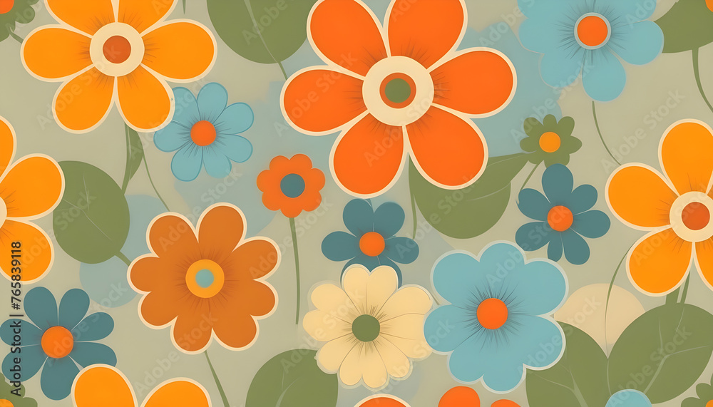 Seamless 70s Retro Style poster art with flowers, and retro colors such as orange, pale blue, yellow and greens. Background wall art. Repetitive texture.