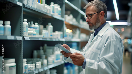 A pharmacist reviewing a prescription while standing among the shelves of medication bottles in a pharmacy.