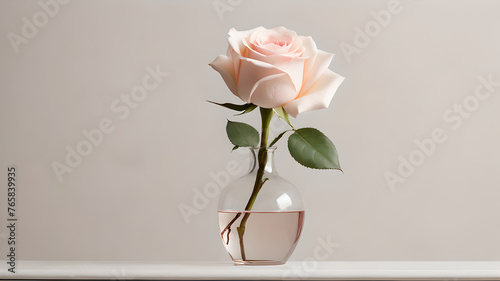 Close up of single pale pink rose in small vase on white sideboard against neutral wall background with copy space to left © Antonina