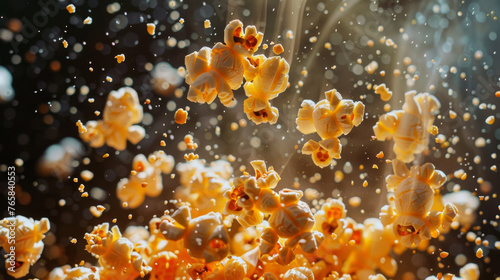 Flavorful popcorn kernels exploding in the air, delicious snack.