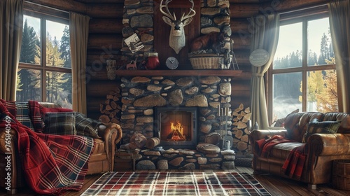 A cozy cabin living room with a stone fireplace, plaid blankets, and animal-themed decor reflecting the natural surroundings.