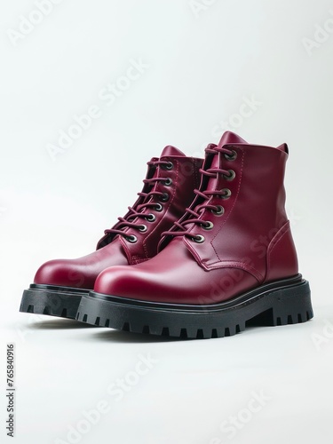 Pair of dark red combat boots on white background.