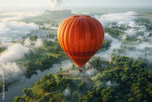 Hot air balloon floating over a misty forest at sunrise.