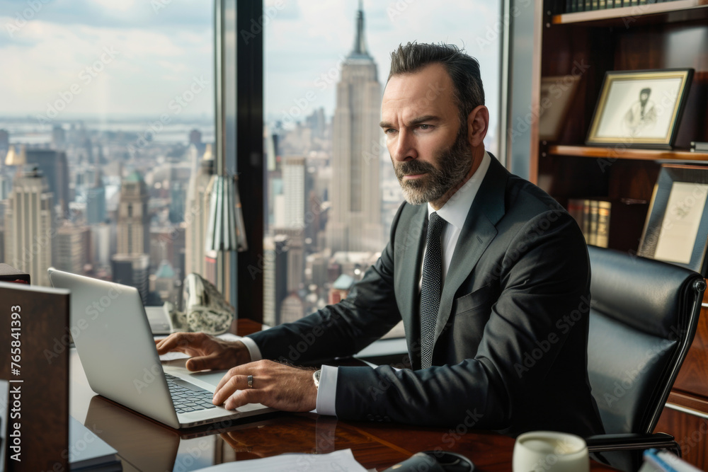 Handsome mature businessman working on laptop computer in his office.
Handsome mature businessman working on laptop computer in his office.