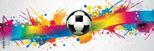 Soccer ball with vibrant color splash on a wide banner, concept of sports ,creativity,energy


