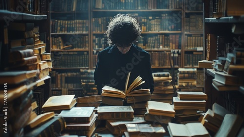 Knowledge: A scholar in a library, surrounded by ancient manuscripts and scrolls
