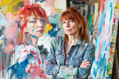 Mature female artist standing in front of the easel in her studio 