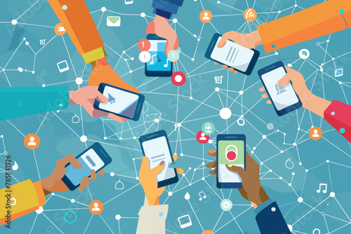 Dynamic Communication Network: Smartphone Users Engaging with Mobile Apps - A Conceptual Business Illustration for Web and Social Media Banners photo