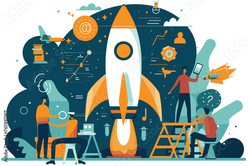 Dynamic Startup Launch: Strategic Planning and Team Collaboration in Project Development, Innovative Product Rollout, and Service Introduction for Business Growth - Vector Illustration