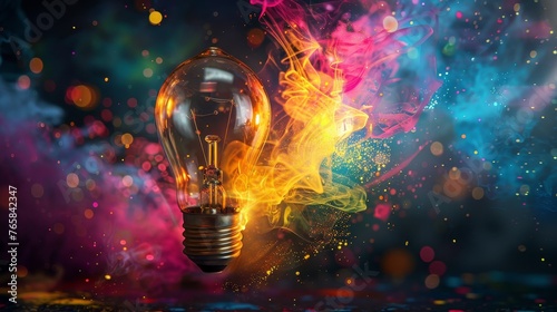 Vibrant light bulb surrounded by swirling colorful energy
