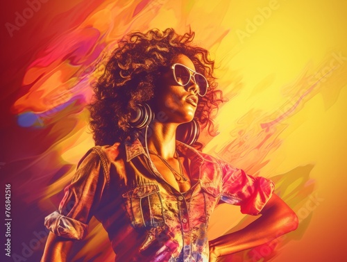 Fashionable woman with curly hair and sunglasses in a vibrant, retro-styled portrait, blur, soft light. Concept: style, confidence, retro