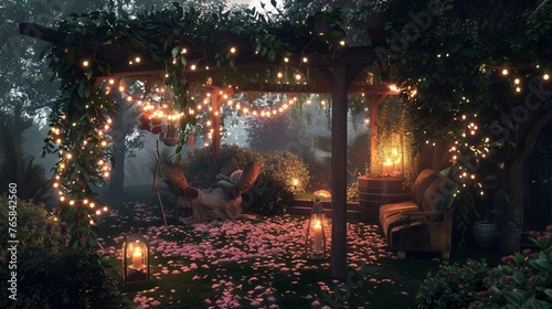 A garden pergola draped in vines and fairy lights  with a cozy seating area perfect for outdoor gatherings.