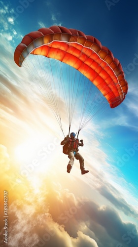 Skydiver with a red parachute against a dramatic sky, vertical orientation, blur, soft light Concept: thrill, exploration, adventure