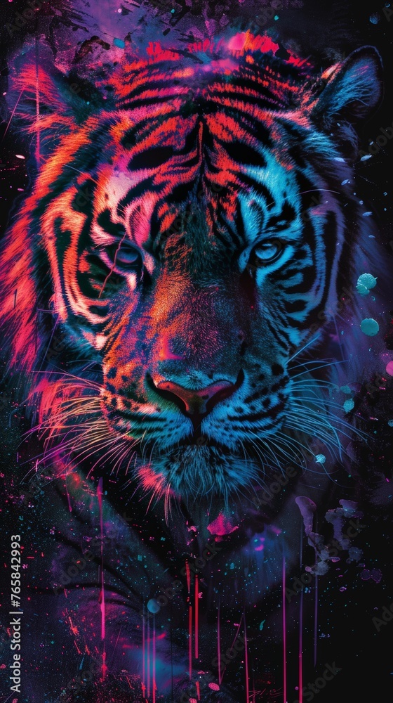 A neon tiger glows vibrantly against a dark background