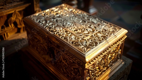 A intricately carved wooden chest adorned with golden filigree, its surface gleaming under the soft glow of candlelight. © muhammad