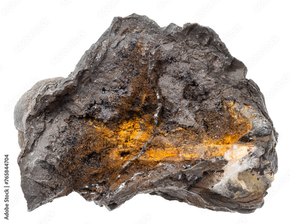 Fototapeta premium close up of sample of natural stone from geological collection - raw lithiophorite mineral isolated on white background from Altai