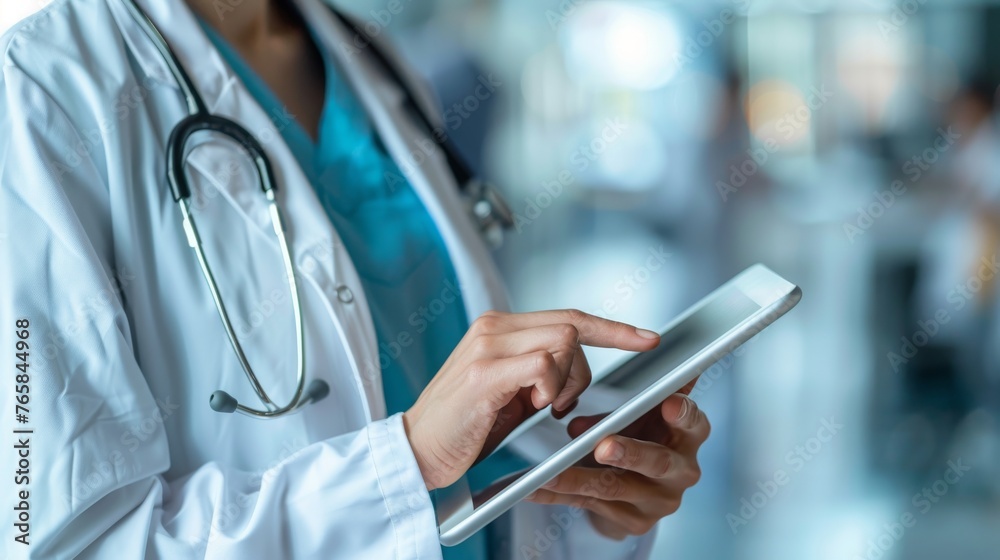 Medical Expert Using Digital Tablet in Hospital A healthcare professional is engaged with a digital tablet, navigating through patient data in a bright hospital setting. Medical Expert Using Digital Tablet in Hospital A healthcare professional is engaged with a digital tablet, navigating through patient data in a bright hospital setting.
