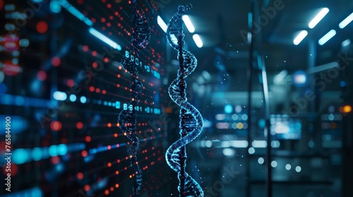 Digital DNA Structure in a Modern Genomic Lab A glowing digital representation of a DNA helix in a high-tech genomic research laboratory with data servers in the background.