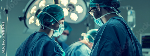 group of medical professionals in action in an operating room