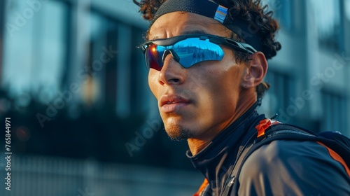 Athlete in Reflective Sunglasses at Sunset A male athlete with curly hair wearing reflective sunglasses and a headband, looking into the distance at sunset.
