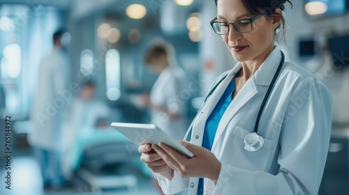 Female Doctor Using Tablet in Hospital A professional female doctor in a lab coat is focused on her tablet in a modern hospital environment, signifying healthcare and technology.