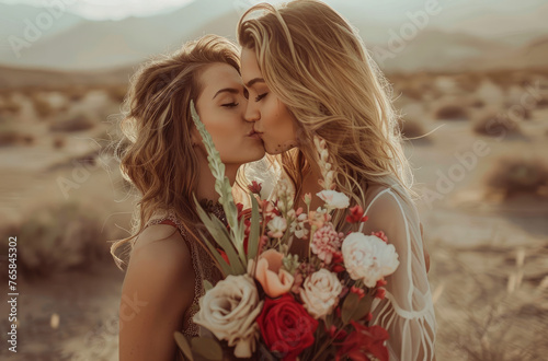 Two women kissing and holding flowers in their hands. One woman wearing a wedding dress in a desert setting