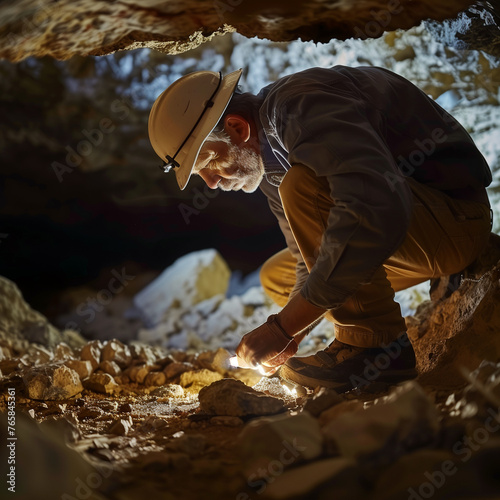 A speleologist in a cave studying geological minerals