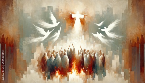 Pentecost. The descent of the Holy Spirit on the Apostles. Digital illustration.