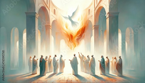 Pentecost. The descent of the Holy Spirit on the Apostles. Digital illustration. © Faith Stock