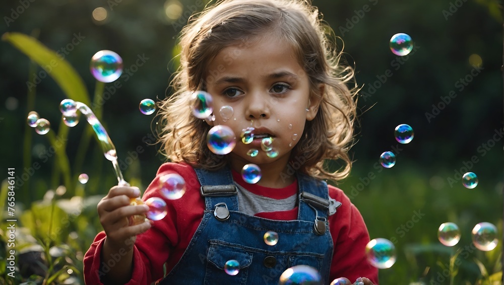 Female child blow soup foam and make bubbles in nature.