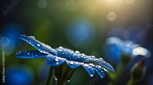 flower with dew dop - beautiful macro photography with abstract blue bokeh background photo