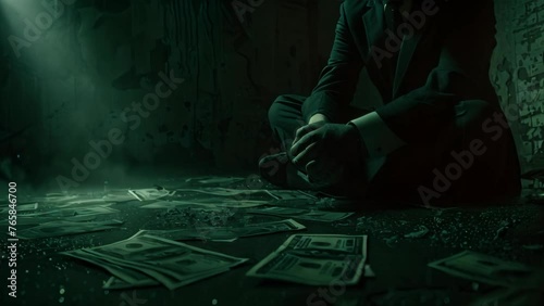 Desperate businessman sitting on the floor in the dark with scattered money. Rainy atmosphere with green tint. photo