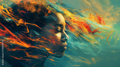 Abstract Artistic Fire and Water Profile Portrait. Profile of a person with an artistic blend of fire and water elements in an abstract, dynamic composition.