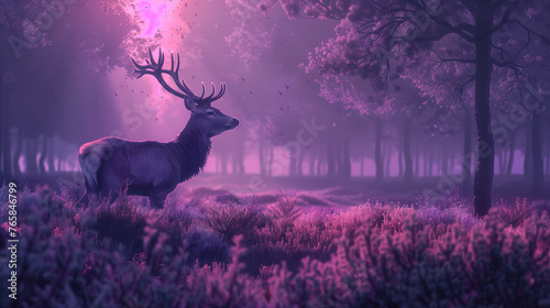 Hyper Realistic Deer in Purple Forest With cyber prank style  photo