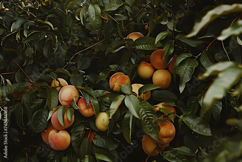 a juicy bunch of peaches ,leaves in the background