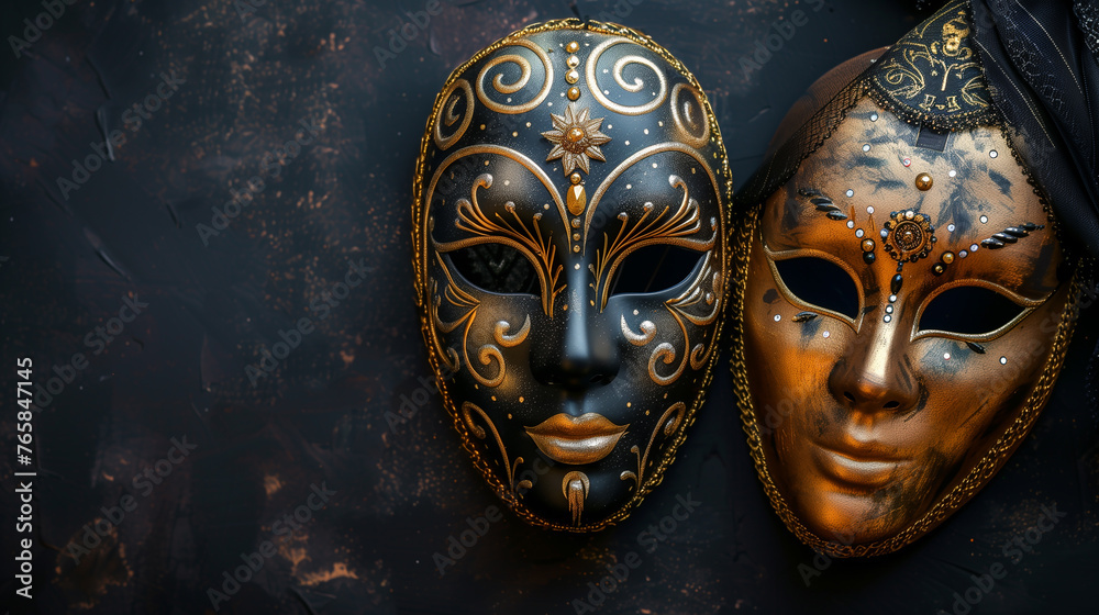 Two metallic gold masquerade masks on black stage background  - obrazy, fototapety, plakaty 